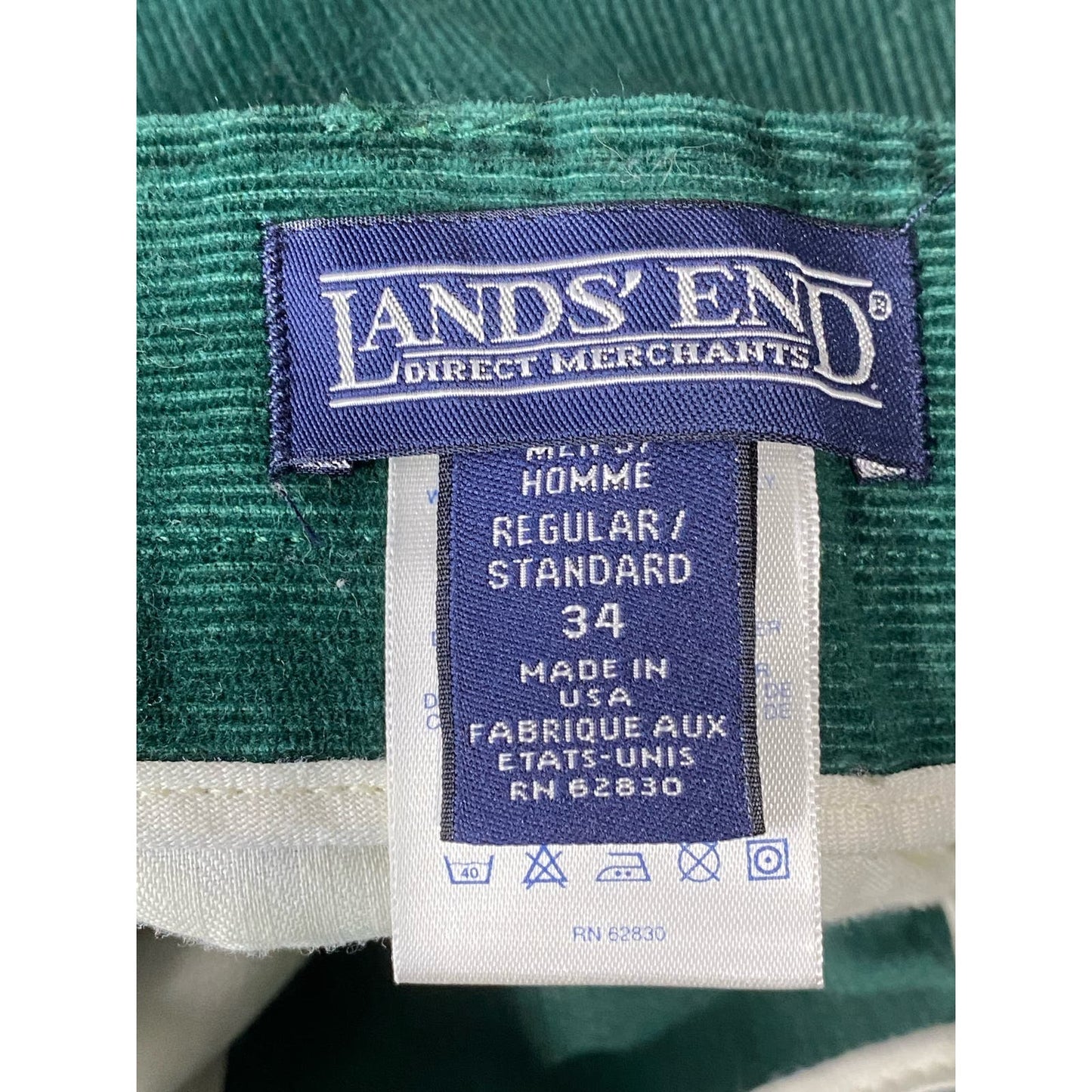 LANDS' END Men's Green Corduroy Vintage Regular-Fit Straight-Leg Pant SZ 34