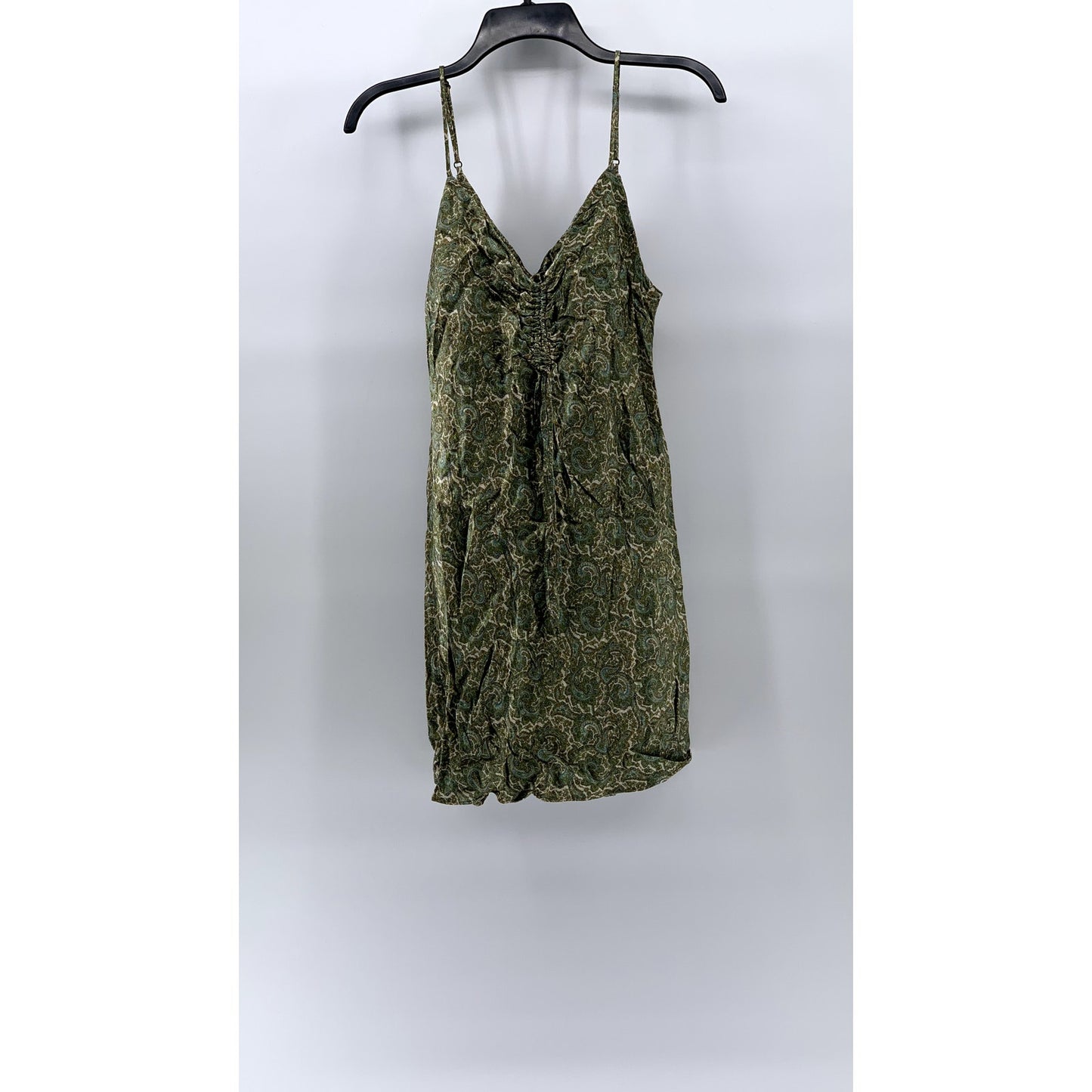 ZARA Women's Green Printed Ruched V-Neck Spaghetti Strap Mini Dress SZ M