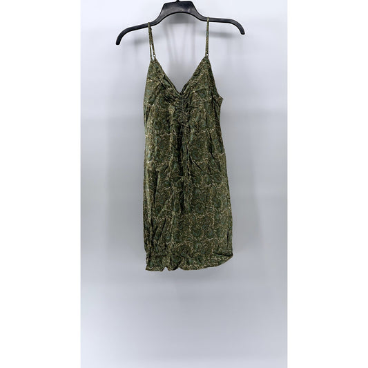 ZARA Women's Green Printed Ruched V-Neck Spaghetti Strap Mini Dress SZ M