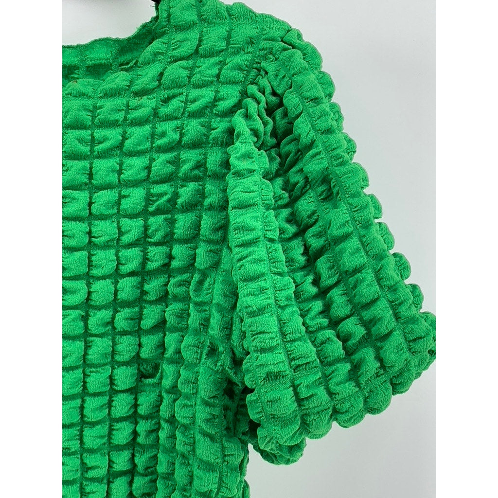 DALIN. Women's Green Textured Puff-Elbow Sleeve Top SZ M