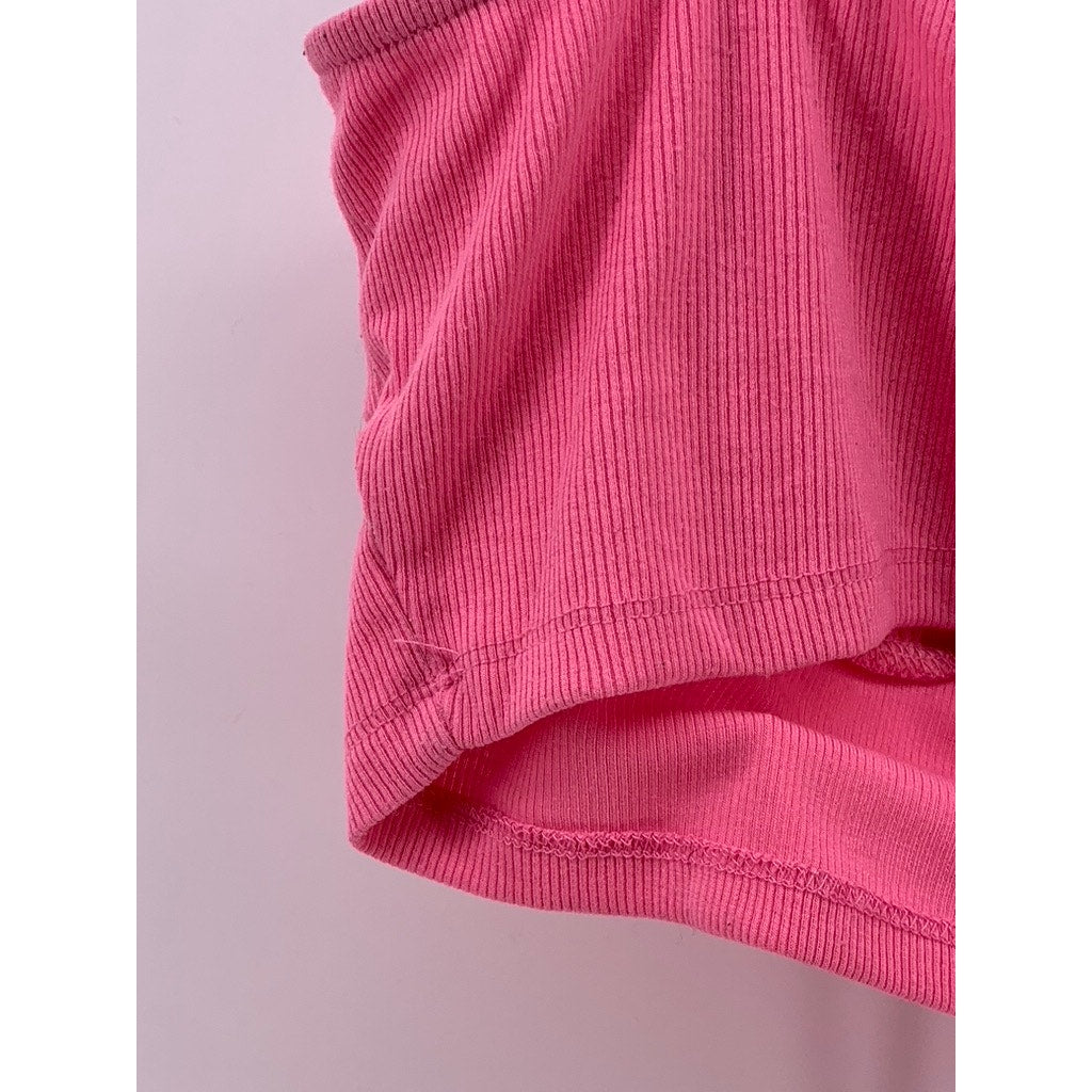 UNBRANDED Women's Pink Ribbed Ruched Spaghetti Strap Cropped Top SZ S