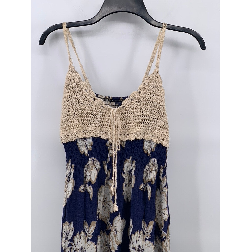 UNBRANDED Women's Blue Beige Printed Crochet Knit V-neck Maxi Dress SZ S