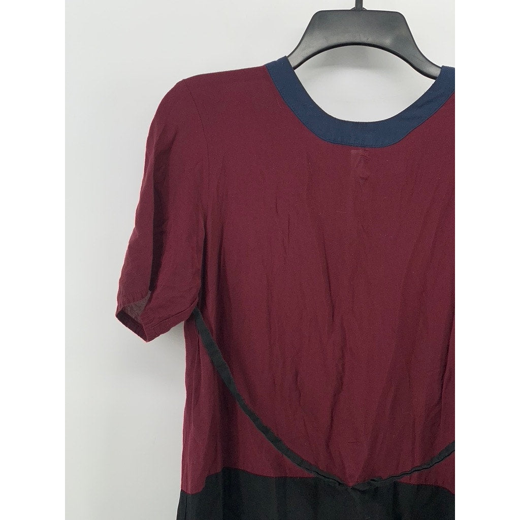 LOUP Women's Burgundy-Black Colorblock Short Sleeve Crewneck Midi Dress SZ M