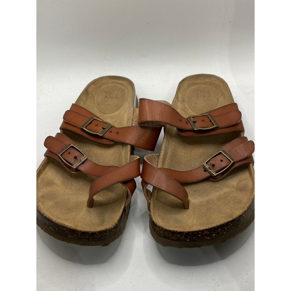TIME & TRU Women's Brown Leather Toe-Strap Slip-On Flat Sandals SZ 6