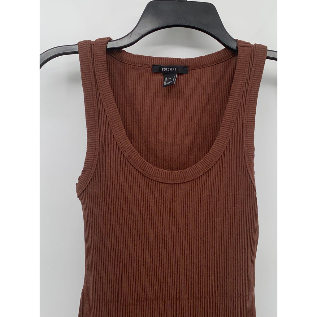 FOREVER 21 Women's Brown Ribbed Scoop-Neck Sleeveless Bodycon Mini Dress SZ S