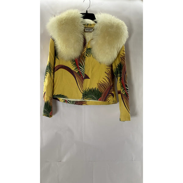 WESTERLY USA Women's Vintage Yellow Floral Fur Collar Zip-Up Jacket SZ M