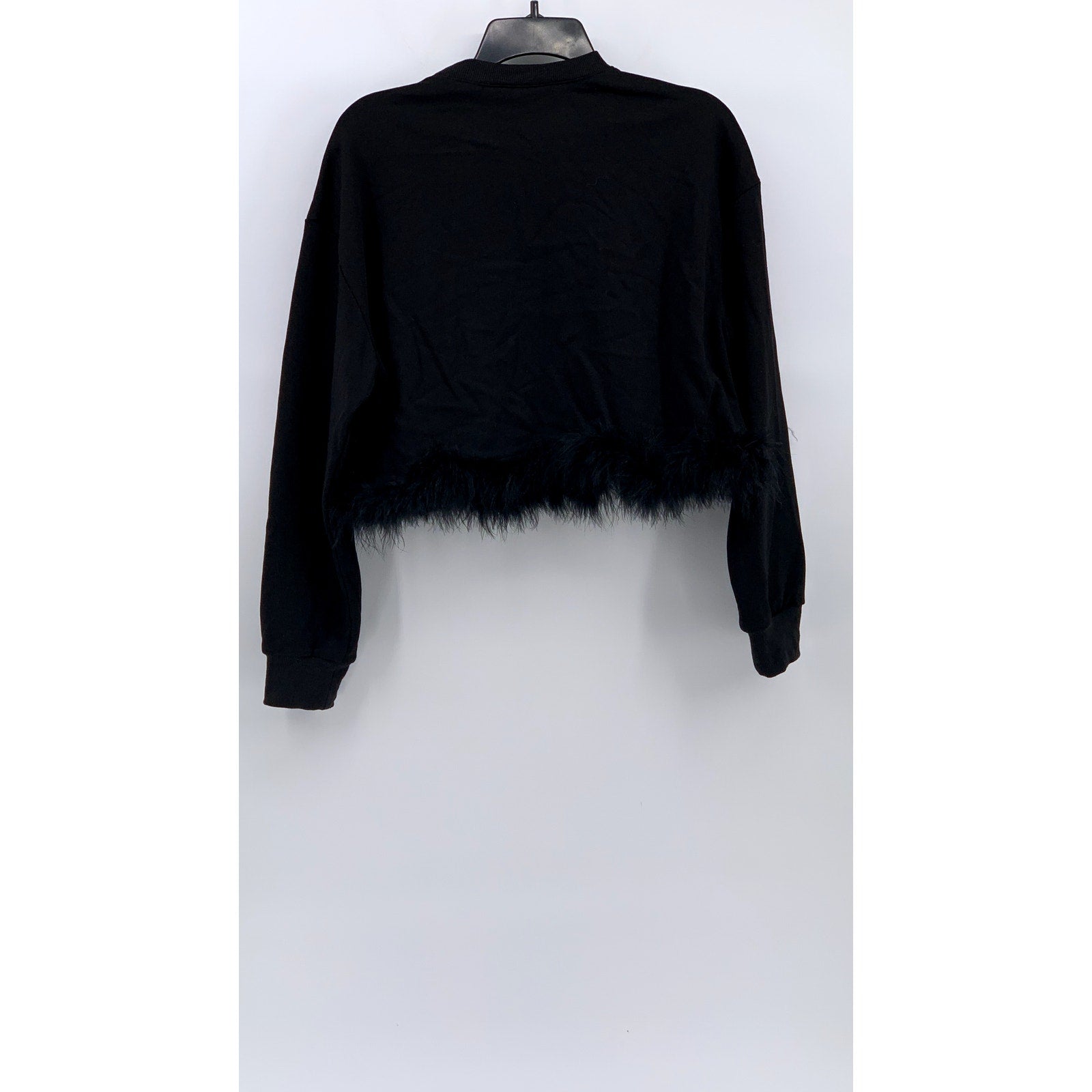 FOREVER 21 Women's Black Fur Hem Long Sleeve Cropped Crewneck Sweater SZ M