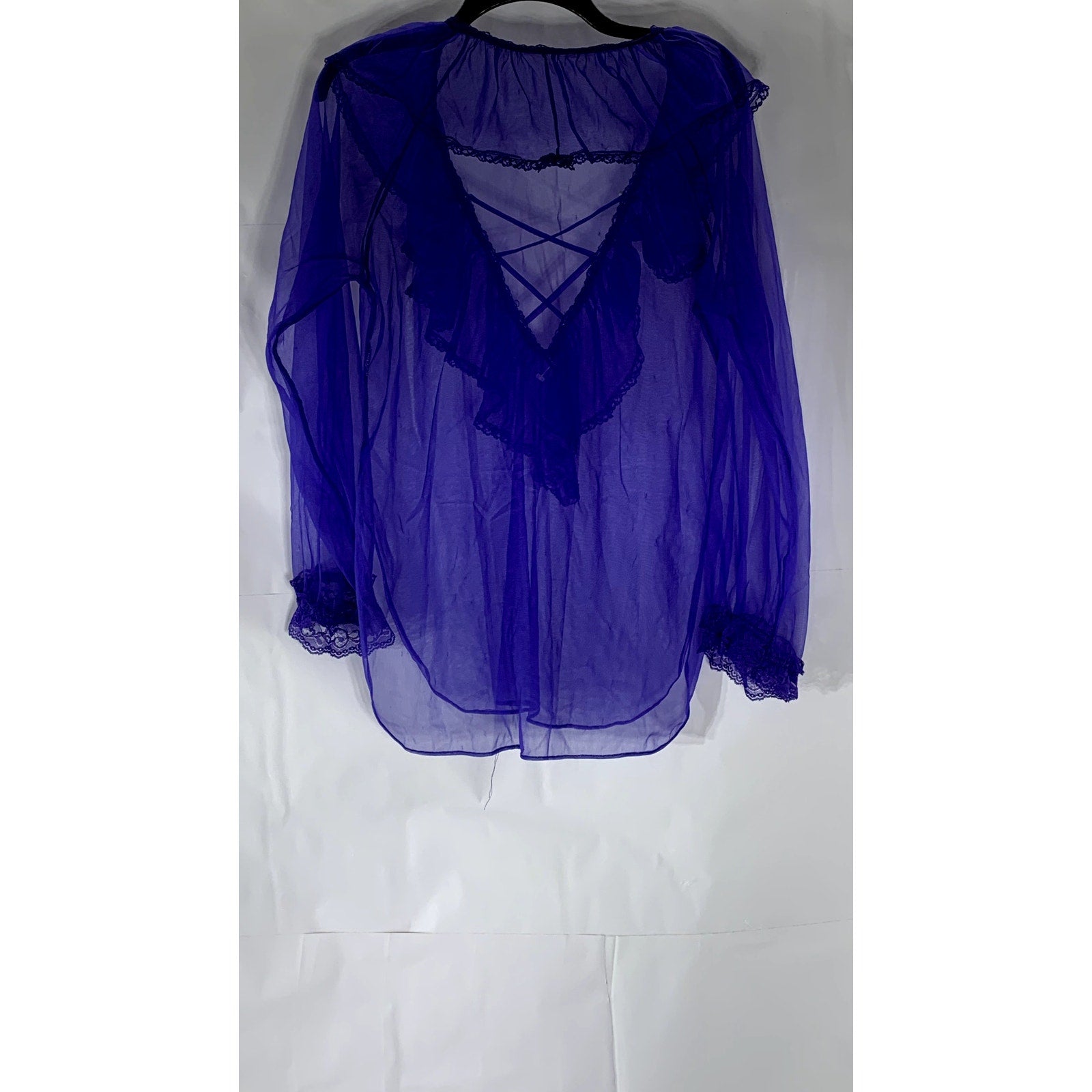 UNBRANDED Women’s Royal Blue Sheer V-Neck Lace-Up Ruffle Long Sleeve Top SZ M