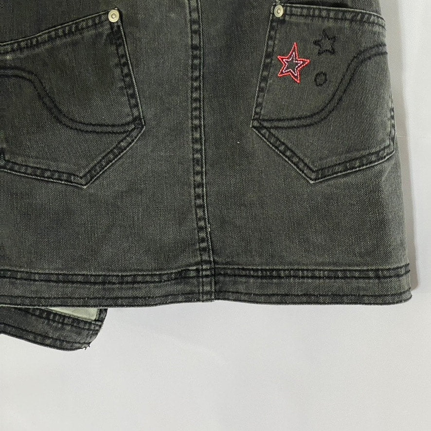 H&M Women's Black Denim Embroidered Star-Flower Mini Wrap Skirt SZ 6