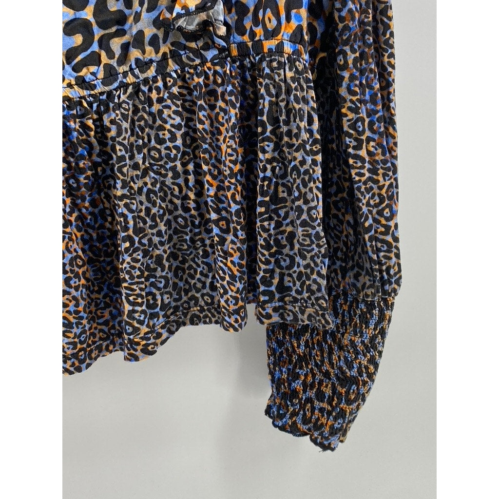 BLANK LONDON Women's Black-Blue-Orange Leopard Print Ruffle Long Sleeve Top SZ L