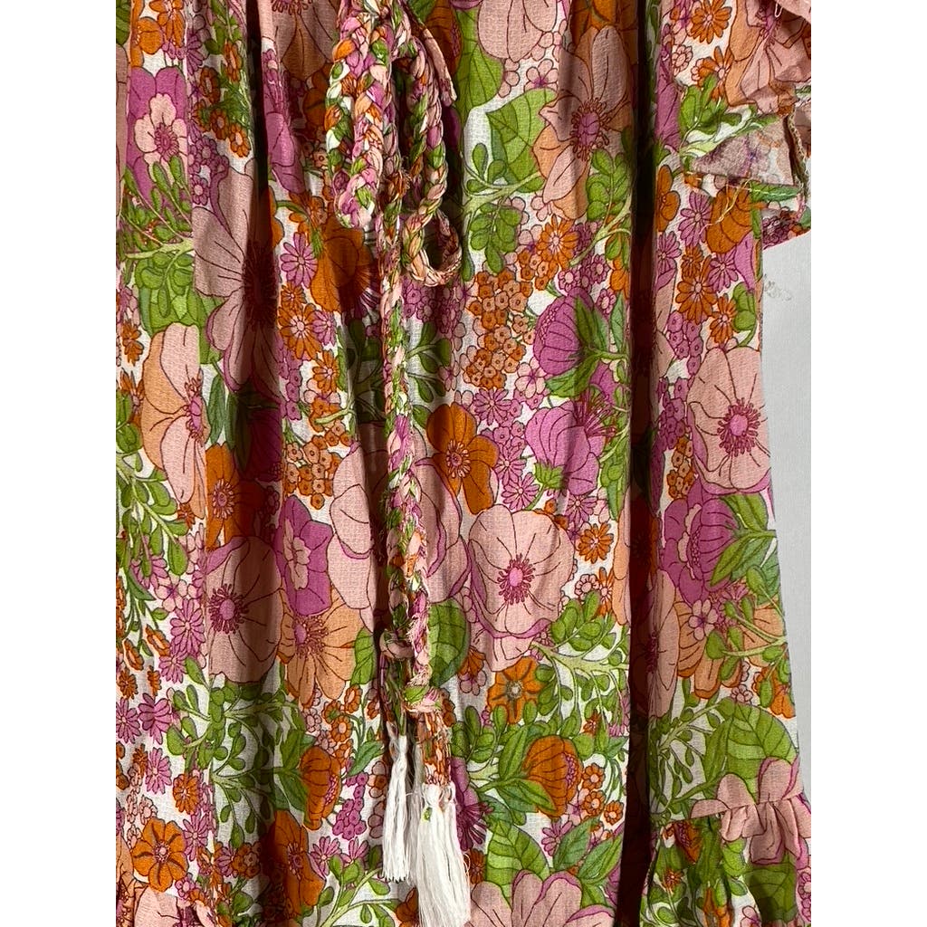 RACHEL ZOE Women's Green/Pink Floral Print Ruffle Belted Mini Dress SZ S