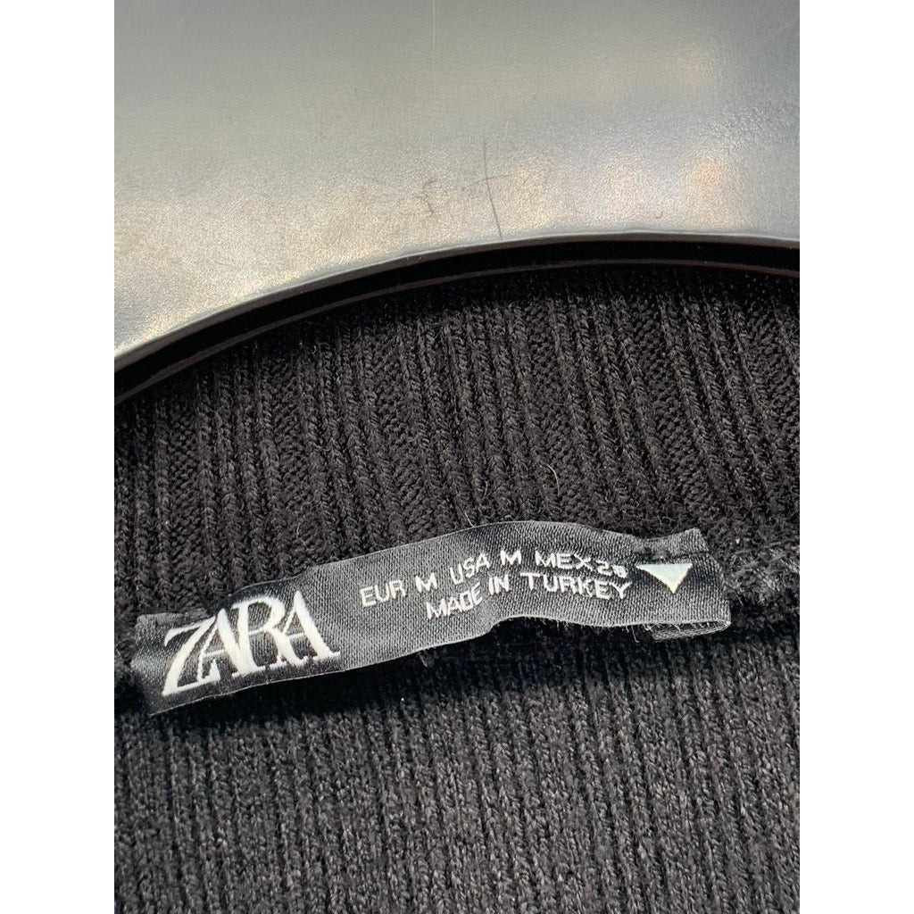 ZARA Women's Black Ribbed Mock-Neck Elbow Sleeve Top SZ M