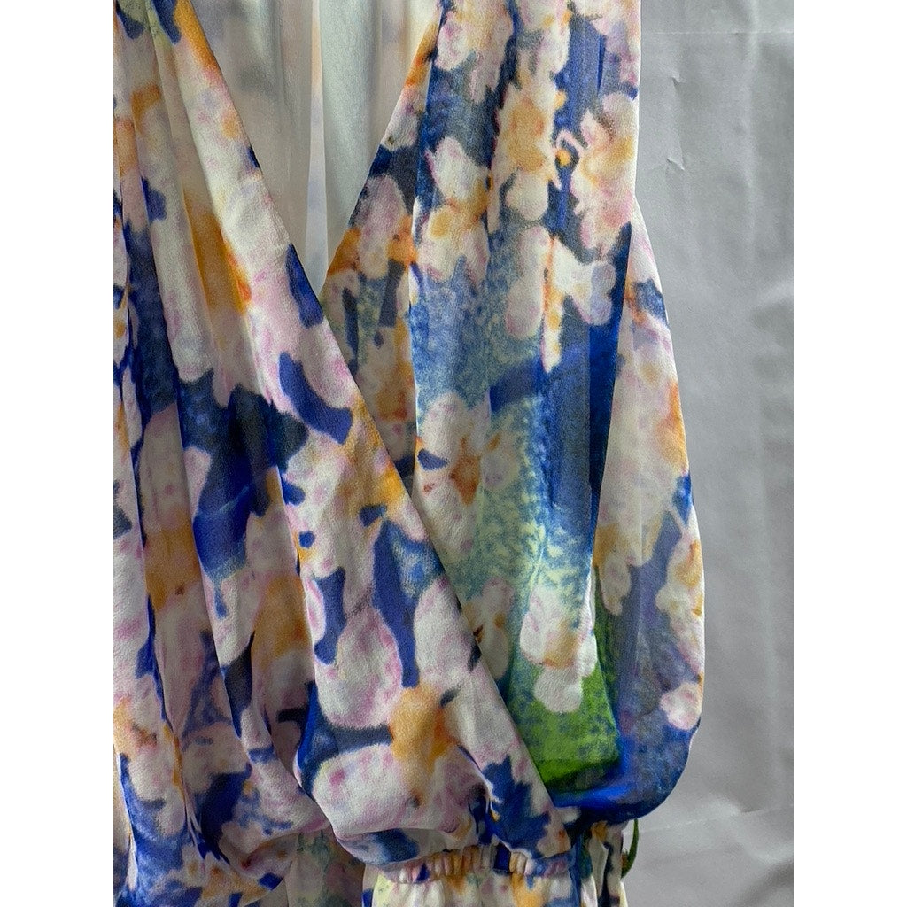 SHENDEL Women's Blue-Orange Floral Surplice Sleeveless Knee Length Dress SZ US10