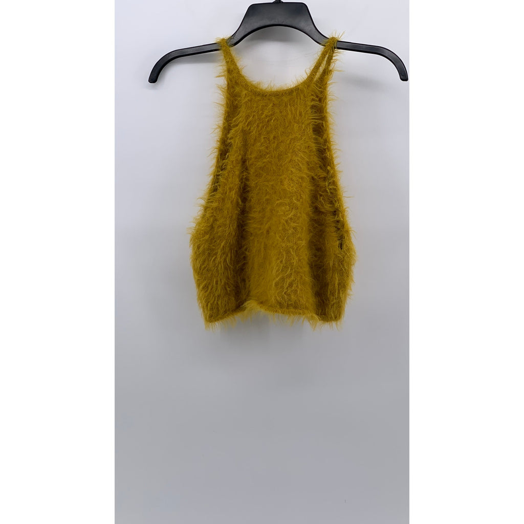 KIMCHI BLUE Women’s Yellow Fuzzy Halter Spaghetti Strap Crop Top SZ S