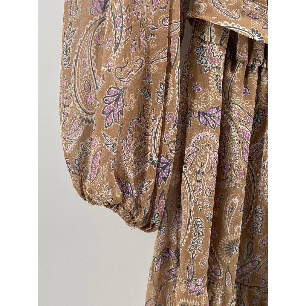 ELAN Women’s Tan Paisley Printed Long Sleeve Ruffle Trim Wrap Midi Dress SZ S