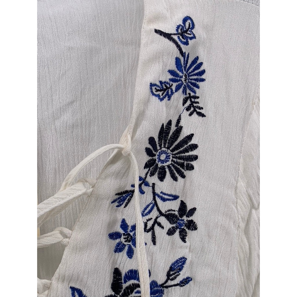 FOREVER 21 Women's White-Navy Embroidered Lace-Up Long Sleeve Dress SZ S