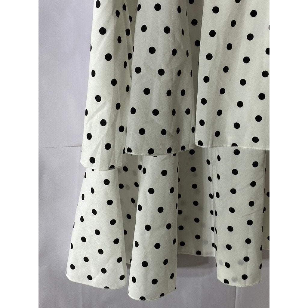 UNBRANDED Women's White-Black Polka-Dot V-Neck Tiered Midi Dress SZ S