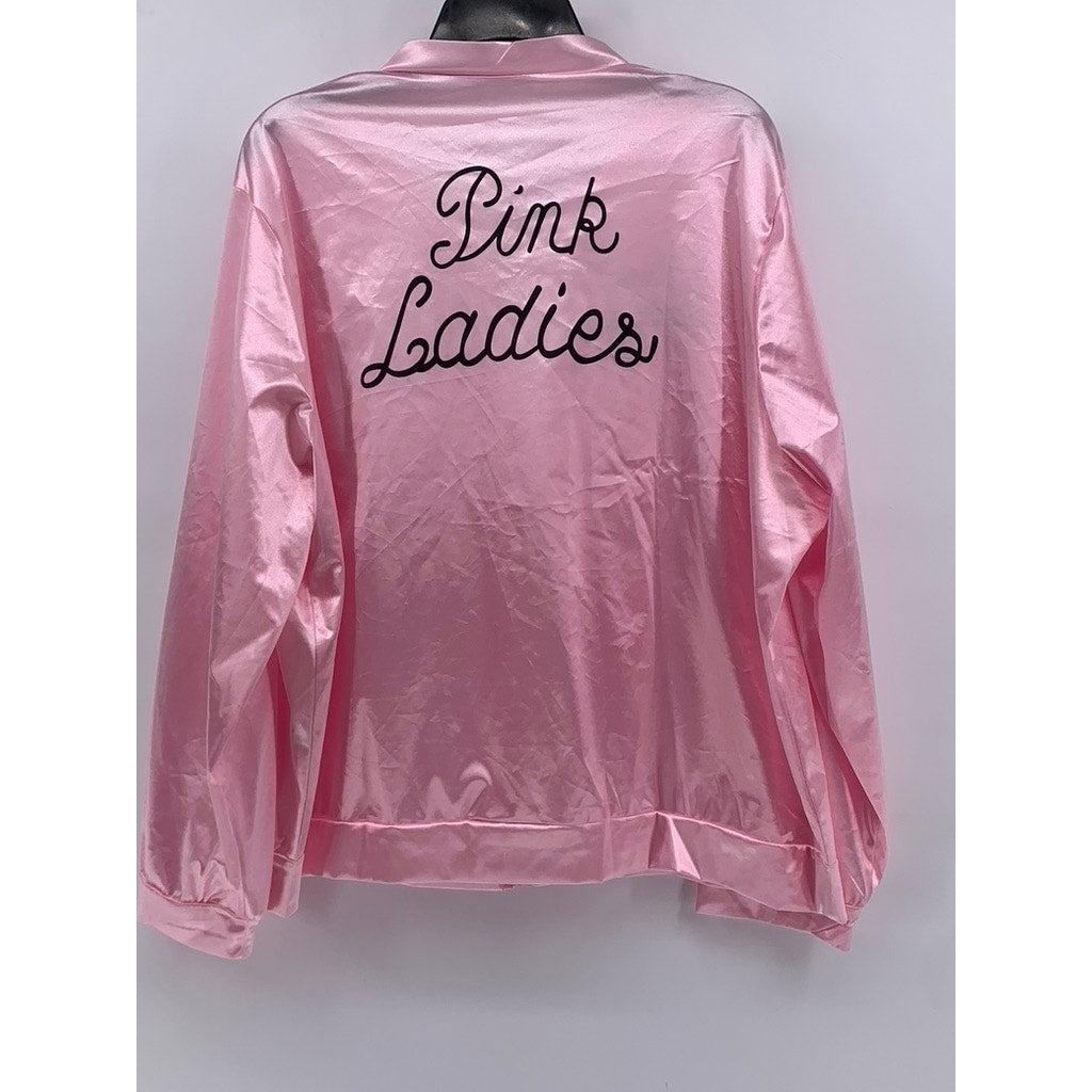 UNBRANDED Women's Light Pink Satin Collarless Script Logo Zip-Up Jacket SZ 3XL