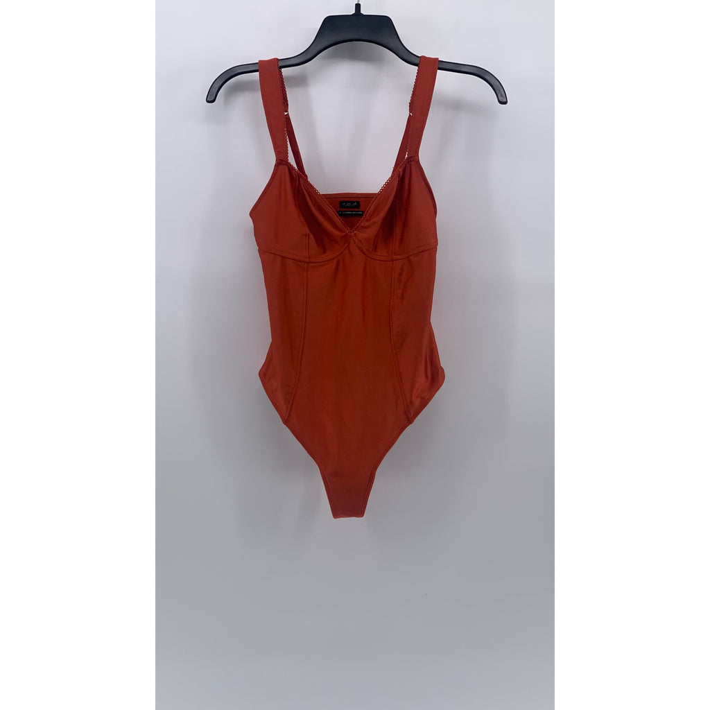 OUT FROM UNDER Women's Dark Orange V-Neck Eyelet Corset Thong Bodysuit SZ M