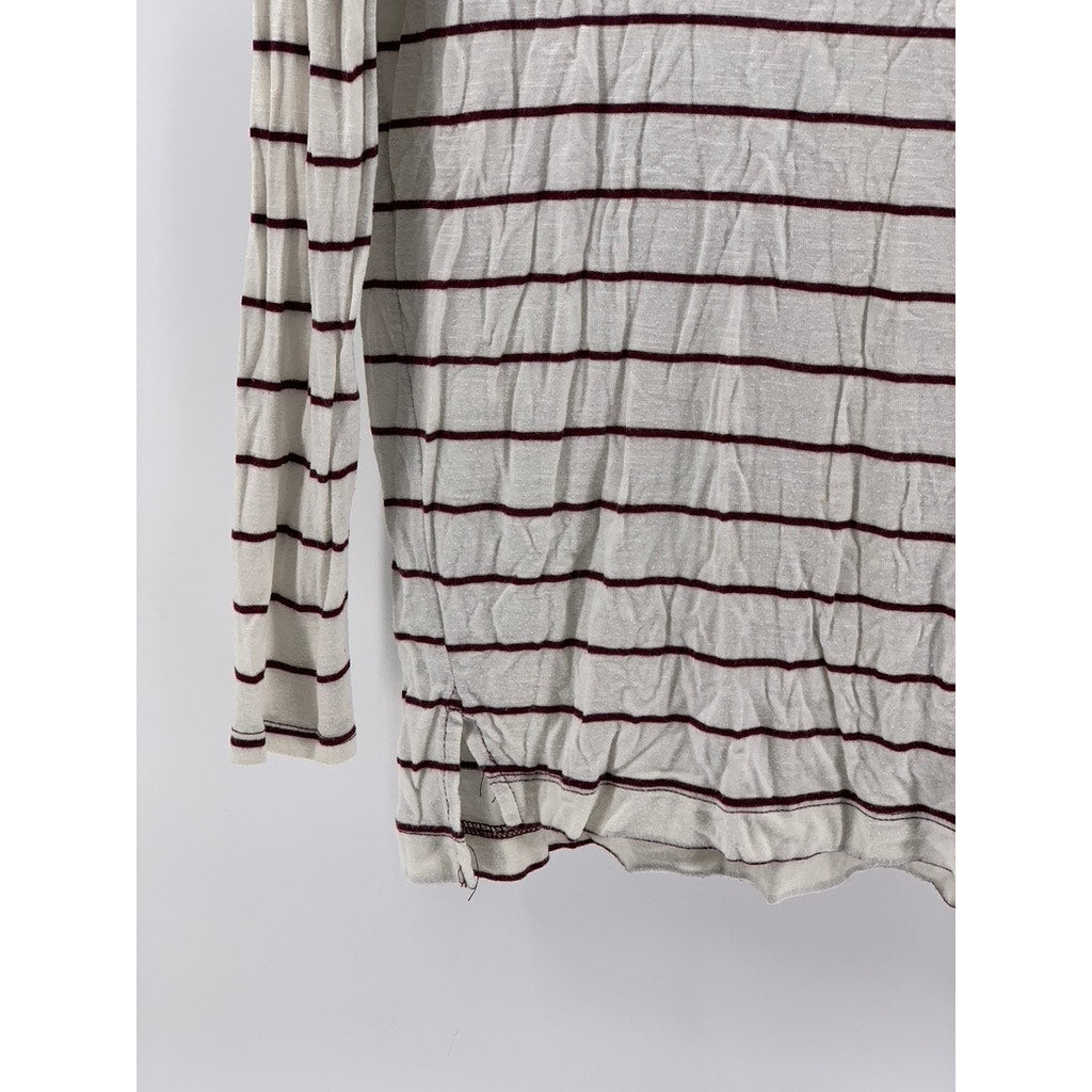 OLD NAVY Women's Burgundy-White Striped Boyfriend Long Sleeve Top SZ M