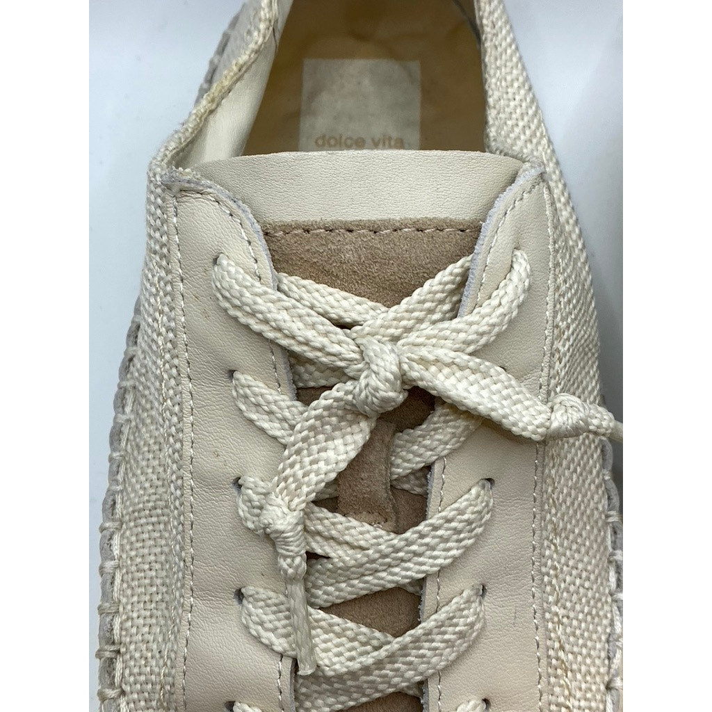 DOLCE VITA Women's White-Tan Contrast Stitch Round-Toe Lace-Up Sneakers SZ 11