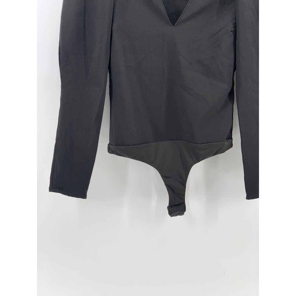 ASTR THE LABEL Women's Black Long Puff Sleeve V-Neck Thong Bodysuit SZ XS