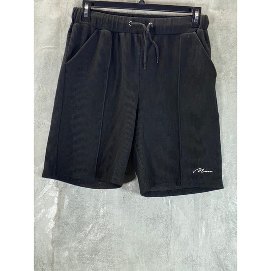 BOOHOOMAN Men's Black Ribbed Casual Drawstring Pull-On Shorts SZ L