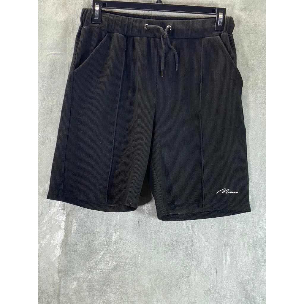 BOOHOOMAN Men's Black Ribbed Casual Drawstring Pull-On Shorts SZ L