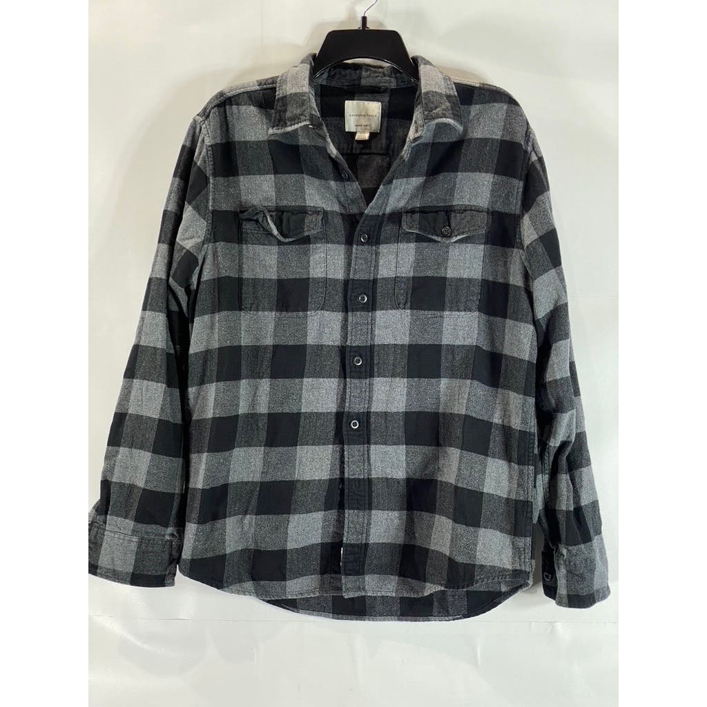 AMERICAN EAGLE Men's Gray/Black Plaid Super Soft Flannel Button-Up Shirt SZ M