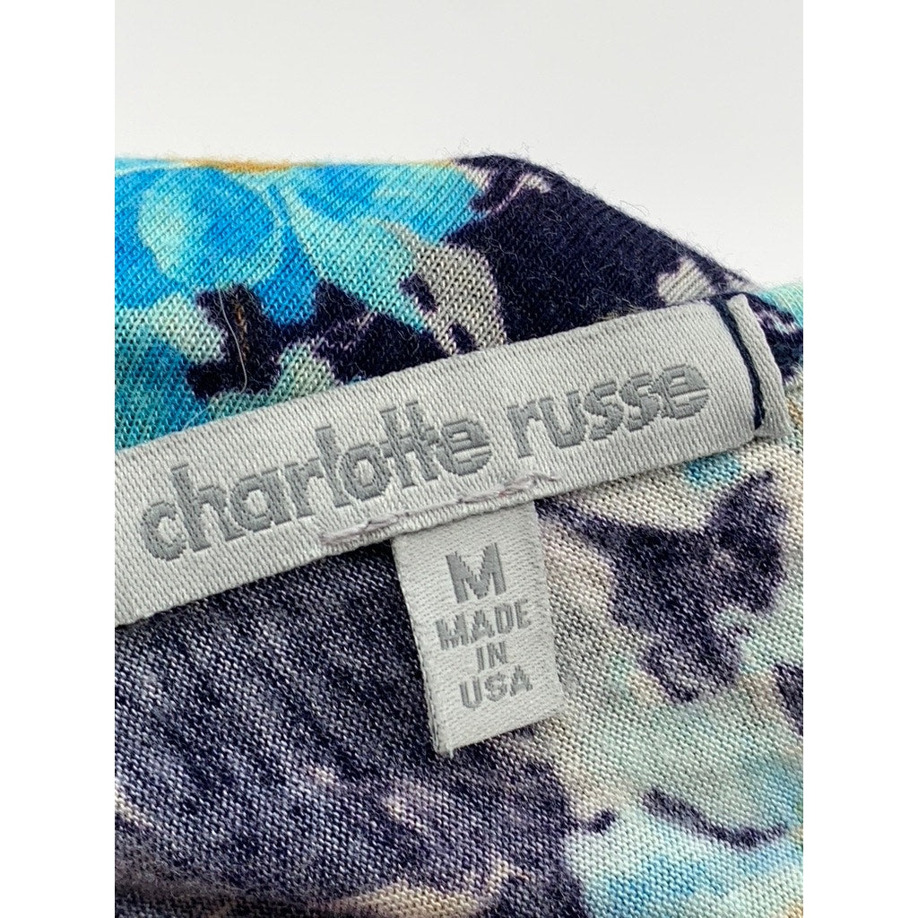 CHARLOTTE RUSSE Women's Blue Floral Scoop-Neck Long Sleeve Tie-Open Back SZ M