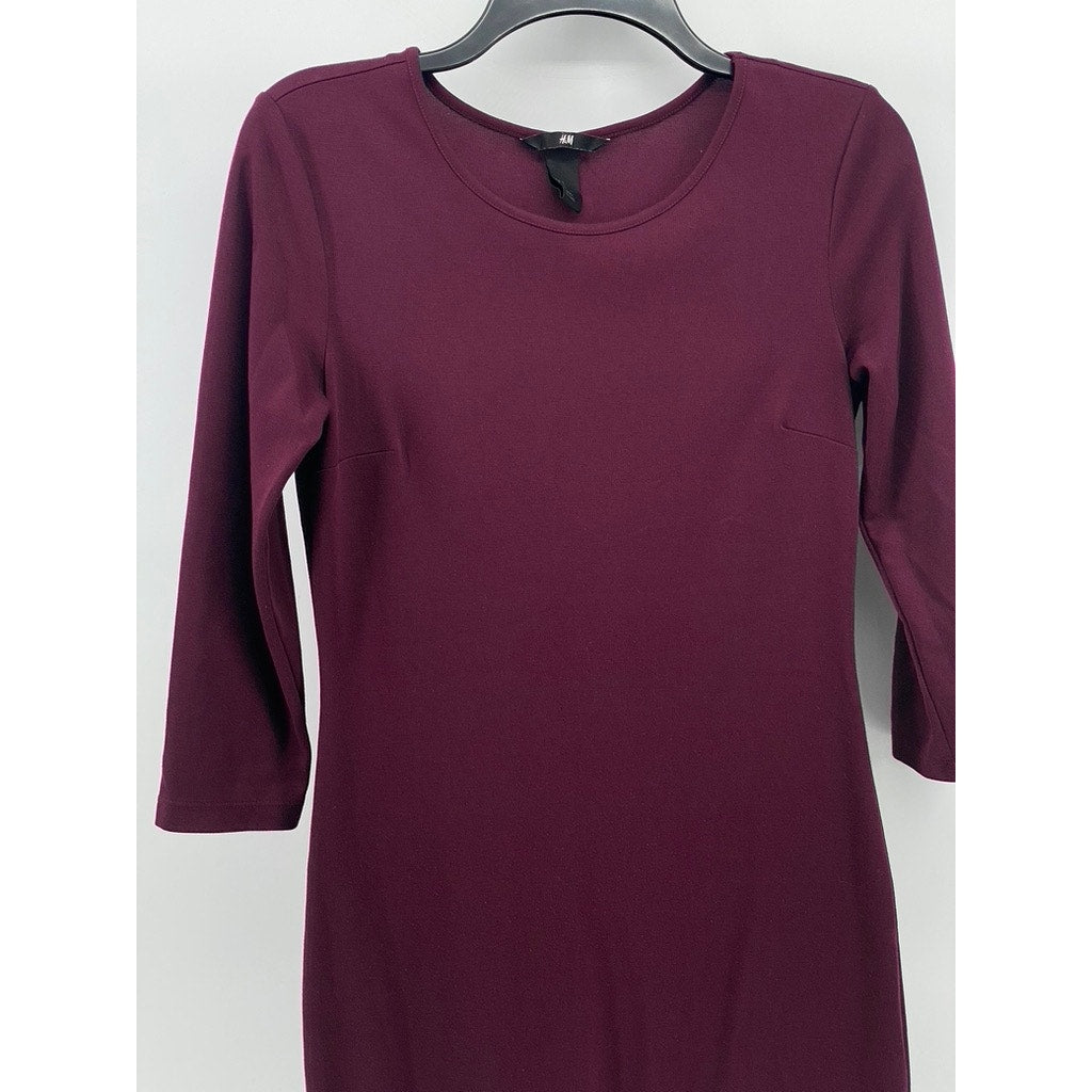 H&M Women's Burgundy Crewneck Long Sleeve Bodycon Midi Dress SZ S