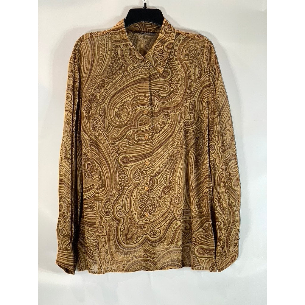 EMANUEL EMANUEL UNGARO Women's Brown Paisley Print Button-Up Sheer Top SZ16/EU40