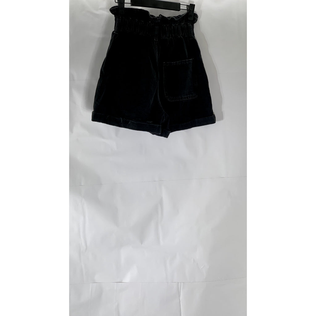ZARA Women's Black Ruffle-Elasticized Waist Denim Cuffed Paperbag Shorts SZ 34