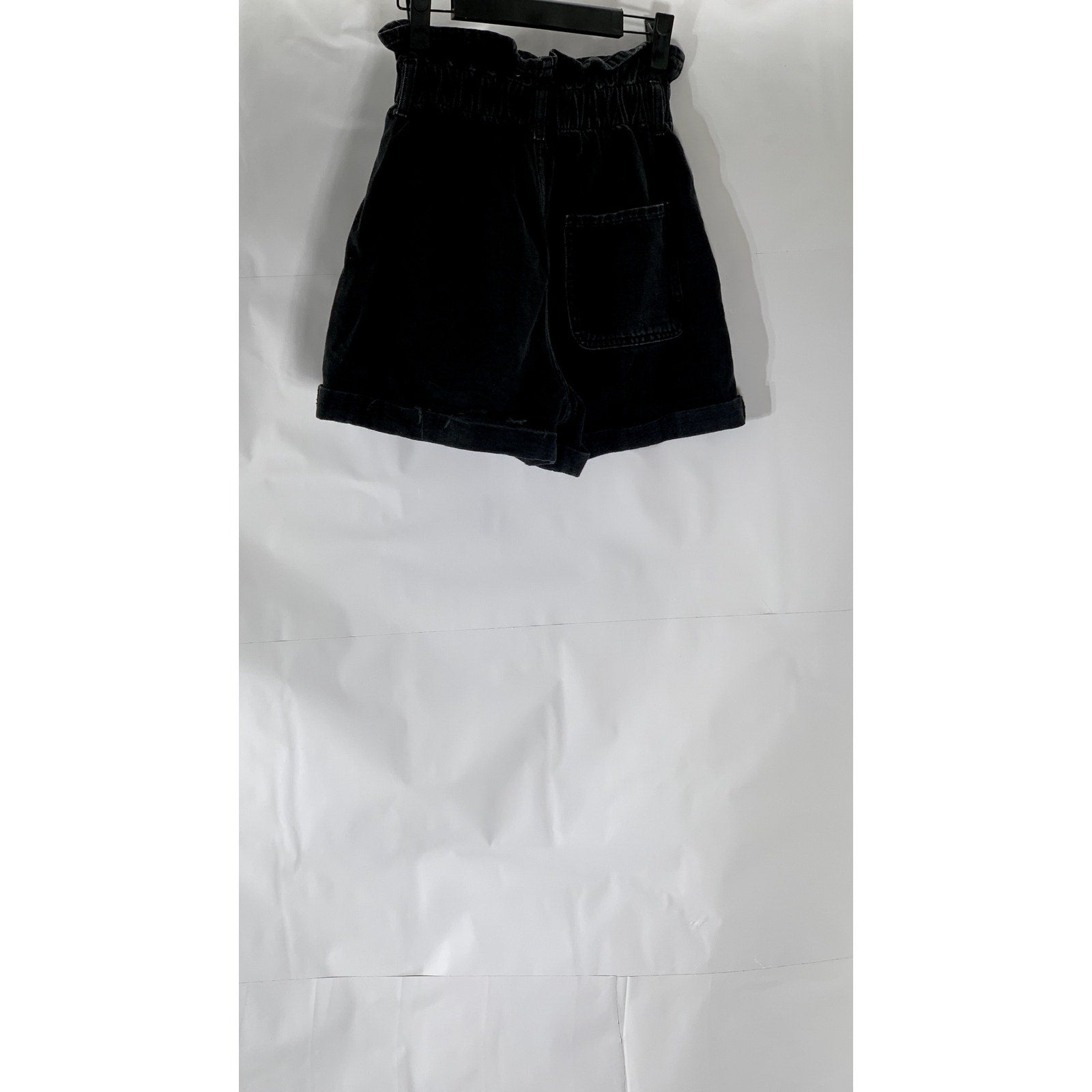 ZARA Women's Black Ruffle-Elasticized Waist Denim Cuffed Paperbag Shorts SZ 34