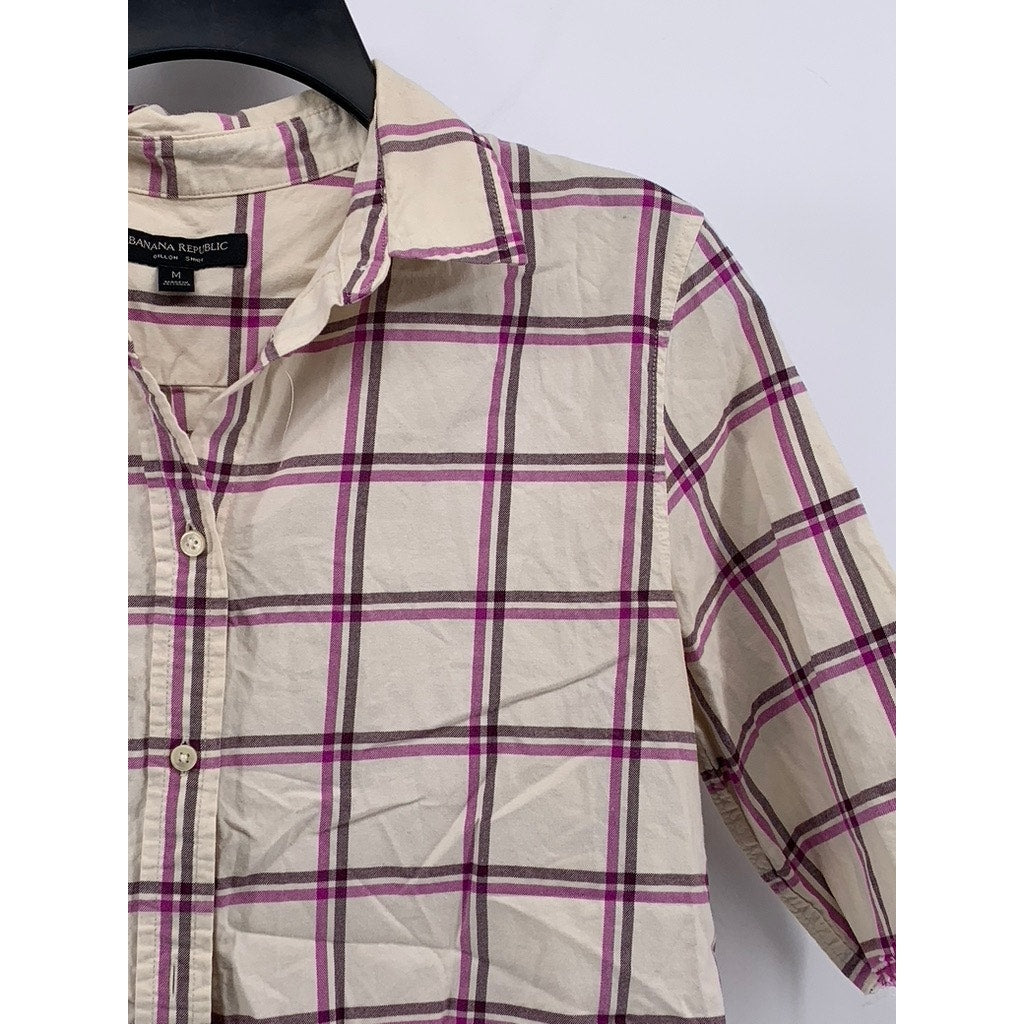BANANA REPUBLIC Women's Cream-Purple Windowpane Dillon Button-Up Shirt SZ M