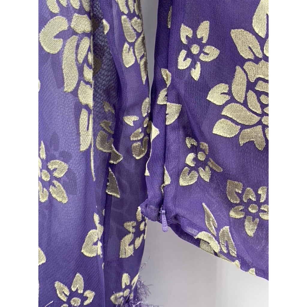 ASOS Women's Purple-Beige Floral Print Long Sleeve V-Neck Open Back Top SZ 4