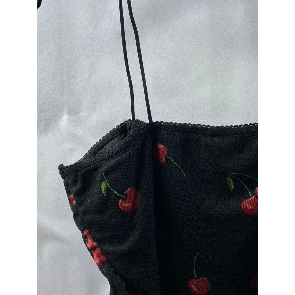 BEAR DANCE Women's Black Cherry Print Mesh Cami Crop Top SZ L