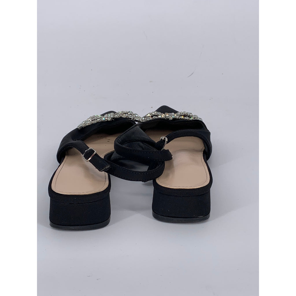 UNBRANDED Women's Black Rhinestone Bow Pointed-Toe Block-Heel Slingback SZ 7