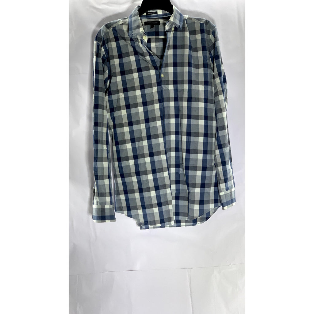BANANA REPUBLIC Men's Blue-Gray Plaid Grant-Fit Supima Button-Up Shirt SZ M