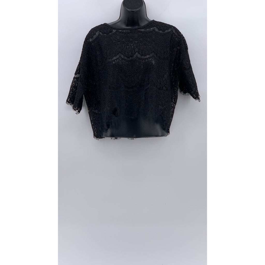 BURU & JUDY Women's Black Lace Scoop-Neck Short Sleeve Relaxed Fit Top SZ M