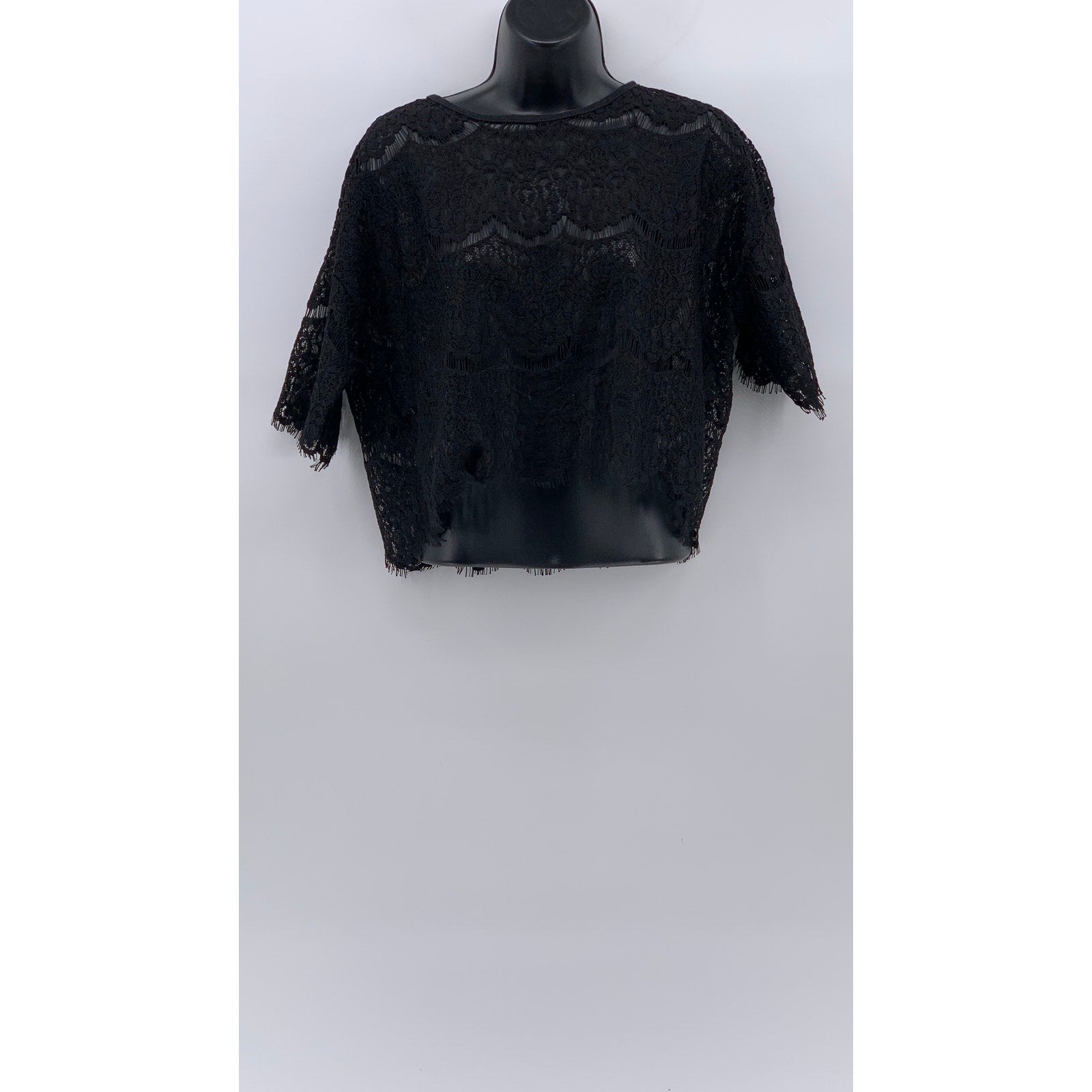 BURU & JUDY Women's Black Lace Scoop-Neck Short Sleeve Relaxed Fit Top SZ M