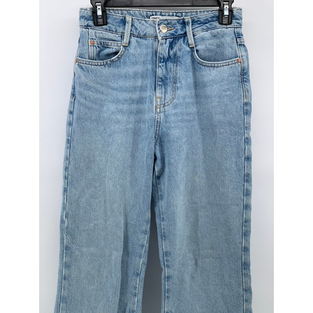 ZARA Women's Light Blue High-Rise Straight-Leg Five-Pocket Frayed Jeans SZ 2