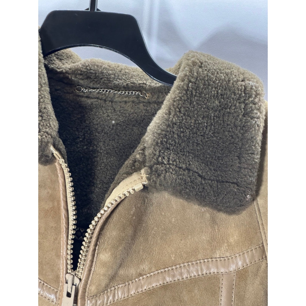 VINTAGE Women's Brown/Tan Shearling Leather Zip-Up Coat SZ M