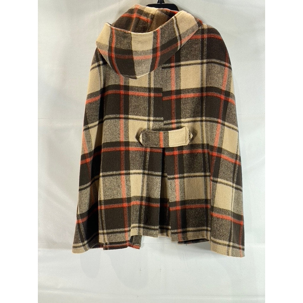 COCO + CARMEN Women's Hooded Brown Plaid Toggle Poncho Ruana OS