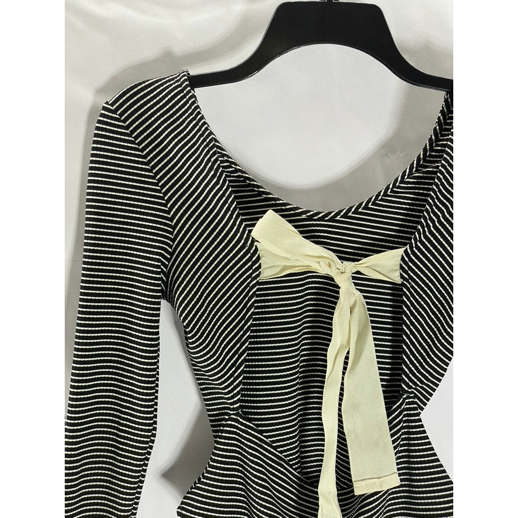 TOPSHOP Women's Black-White Striped Tie-Back Bow Long Sleeve Bodysuit SZ 8