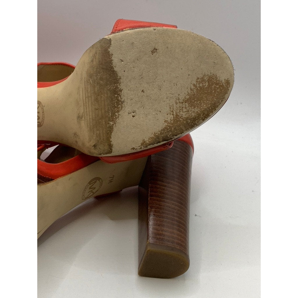 MICHAEL KORS Women's Red Coral Leather Berkley T-Strap Platform Heels SZ 7