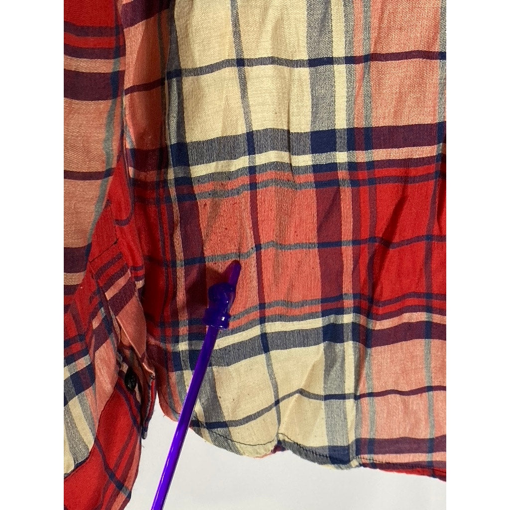 ZARA BASIC Women’s Red Plaid Regular-Fit Button-Up Long Sleeve Top SZ L