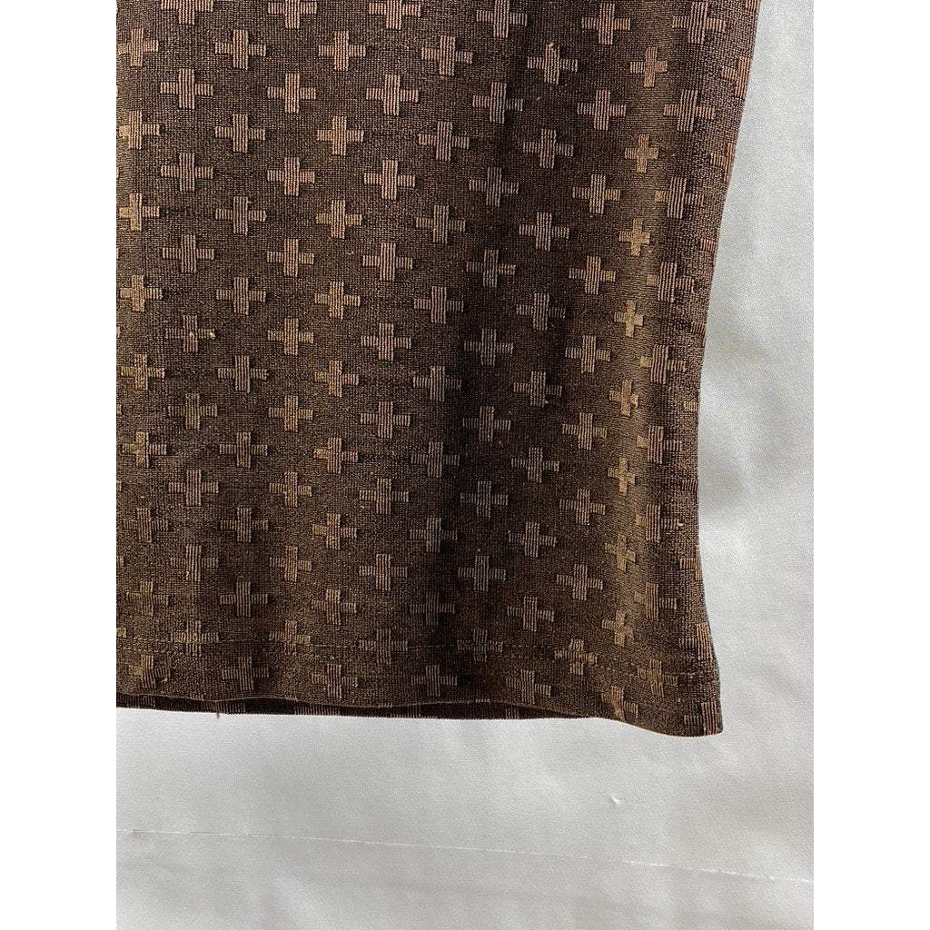 ES SE Women's Brown Cross Print Semi Sheer V-Neck Short Sleeve Top SZ M