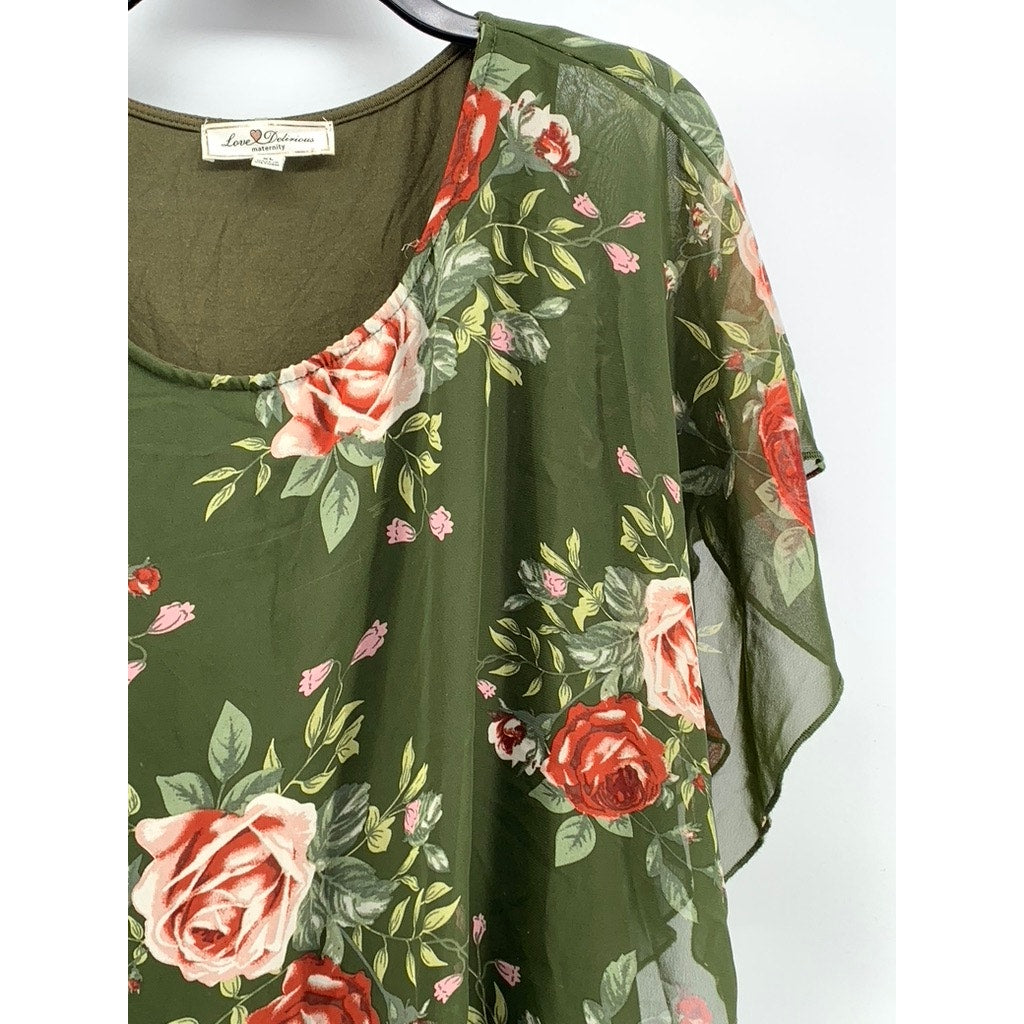 LOVE DELIRIOUS Women's Maternity Green Floral Layered Sheer Top SZ XL