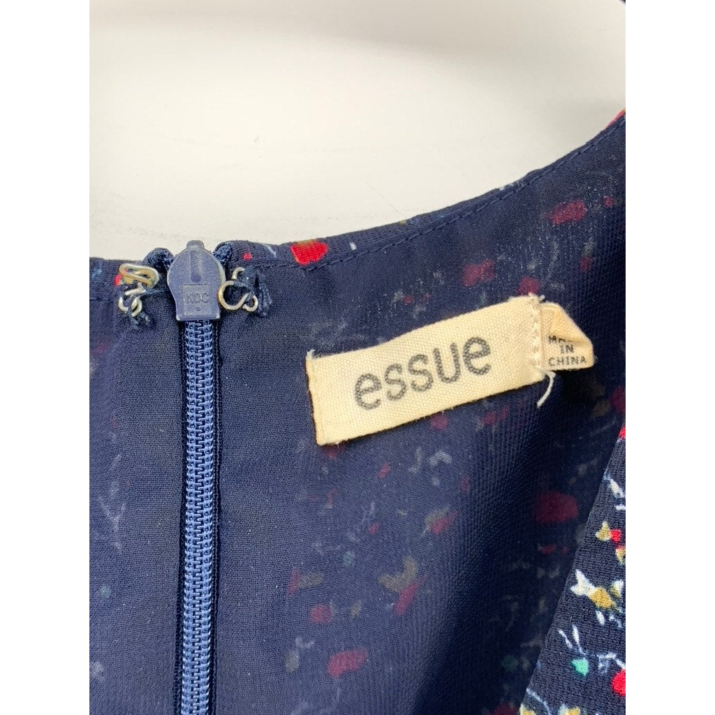 ESSUE Women's Navy Floral Elbow Sleeve V-Neck Tie-Waist A-line Dress SZ S